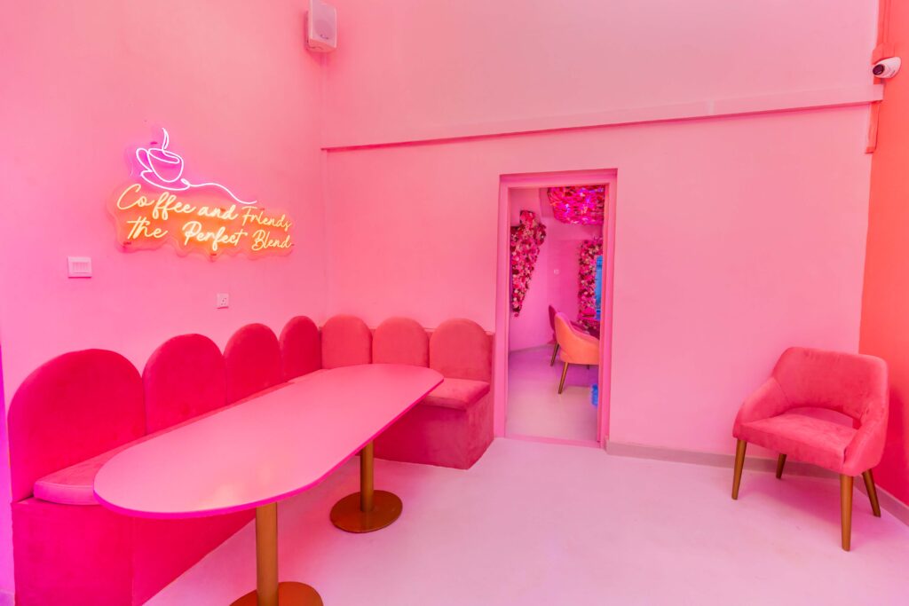 Rose Oud Café interior showing barista counter and lounge seating